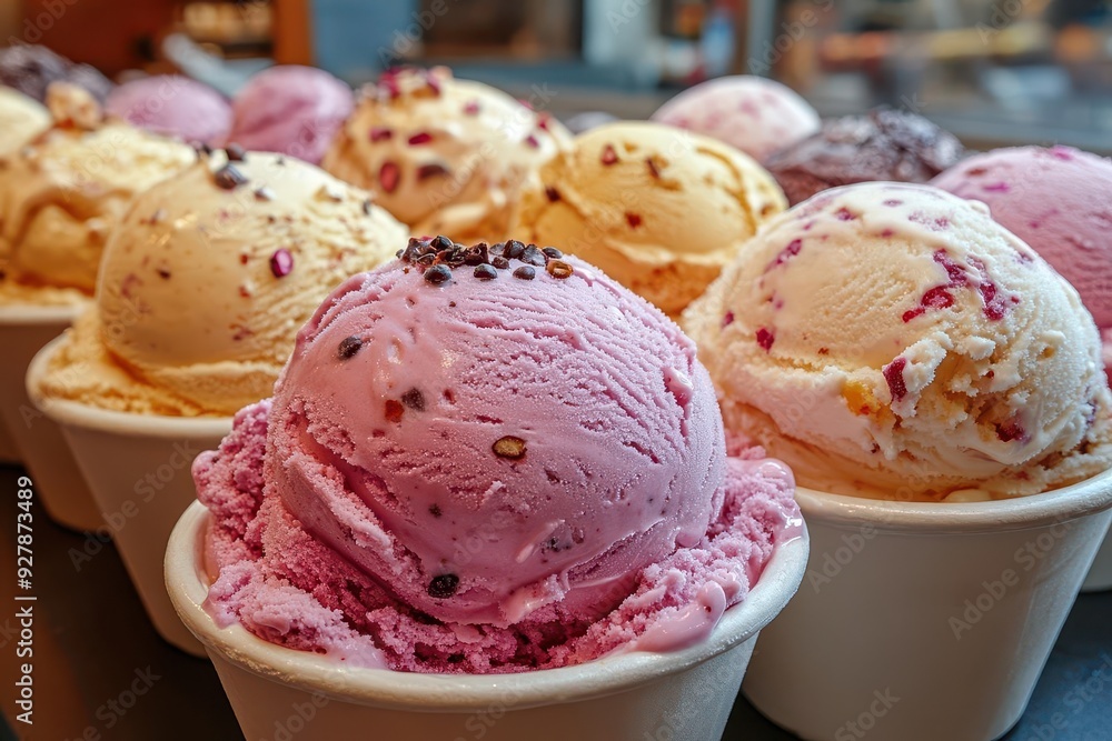 artisanal ice cream scoops in vibrant flavors and textures mouthwatering closeup showcases unique ingredients soft focus background of rustic ice cream parlor artisanal ice cream scoops in vibrant flavors and textures mouthwatering closeup showcases unique ingredients soft focus background of rustic ice cream parlor
