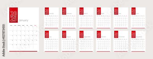 2025 calendar design, set of 12 months. Week starts on Monday. Vertical calendar template.