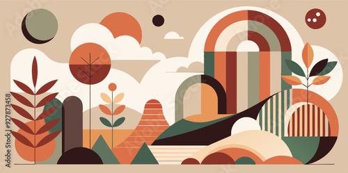 A landscape with trees, mountains, clouds, and a rainbow