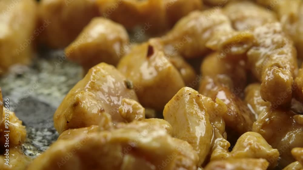 Pieces of chicken fillet are fried in a frying pan in vegetable oil. High quality 4k footage Pieces of chicken fillet are fried in a frying pan in vegetable oil. High quality 4k footage