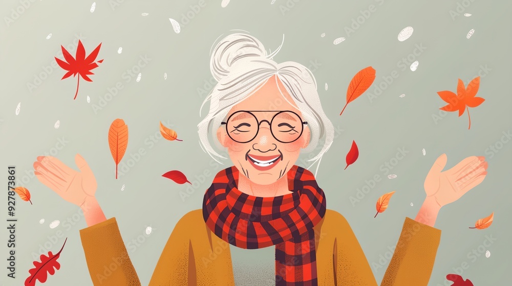 an older woman wearing glasses and a scarf is surrounded by leaves an older woman wearing glasses and a scarf is surrounded by leaves