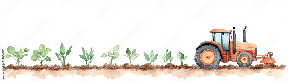 Fototapeta premium Colorful illustration of a tractor working in a field with sprouting plants, symbolizing agriculture and farm life. watercolor style.