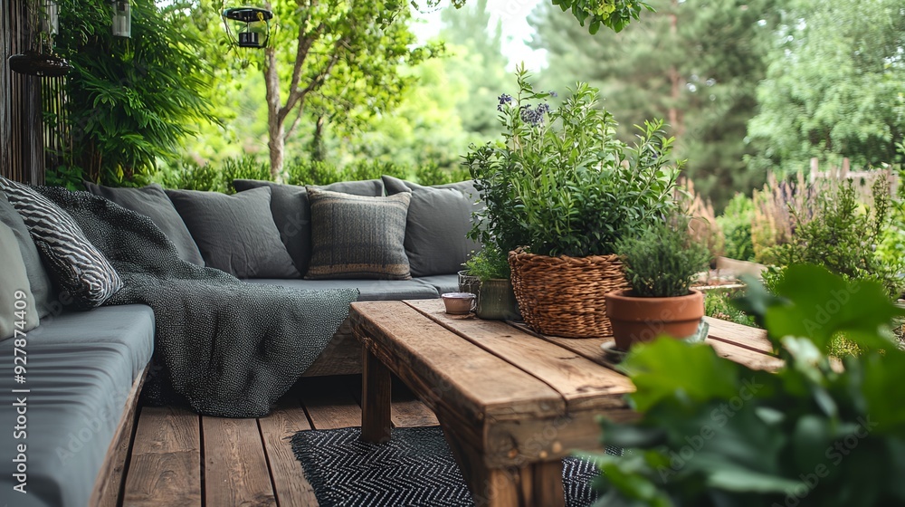 Fototapeta premium a couch and table on a wooden deck in a garden area