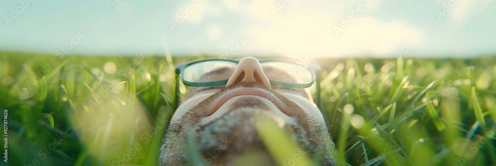 Obraz premium Man enjoying the sunset while lying on the grass 