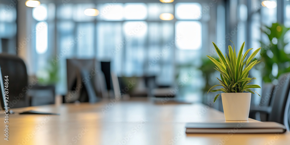 Modern office desk with laptop and potted plant, blurred background of open workspace with large windows for professional environment concept Modern office desk with laptop and potted plant, blurred background of open workspace with large windows for professional environment concept