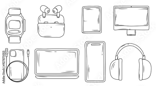 set of doodle editable icons of electronics and technology on white background