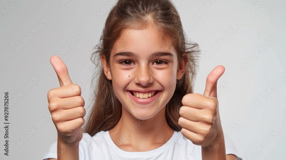 Cheerful Pretty Girl Demonstrates Thumbs-Up Approval Gesture with a Bright Smile and Positive Energy Cheerful Pretty Girl Demonstrates Thumbs-Up Approval Gesture with a Bright Smile and Positive Energy