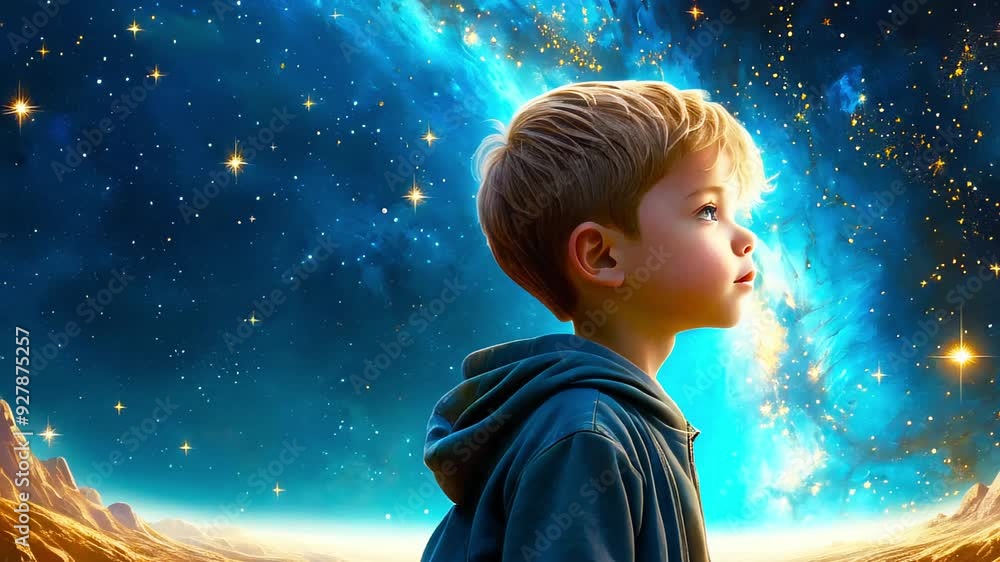 A little cute boy looks hopefully into the starry night sky, a little dreamer and inventor. A little cute boy looks hopefully into the starry night sky, a little dreamer and inventor.