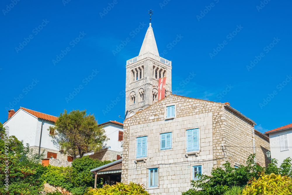 Church tower view in town of Rab, Croatia