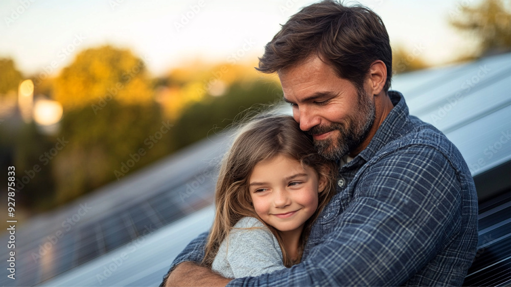 Father hugging his daughter on a rooftop with solar panels, both looking at the camera with smiles, showcasing the sustainability of the solar system.
Father hugging his daughter on a rooftop with solar panels, both looking at the camera with smiles, showcasing the sustainability of the solar system.