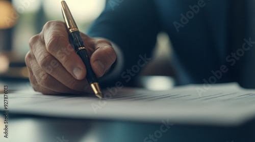 Close-up of a Hand Signing a Document with a Gold Pen