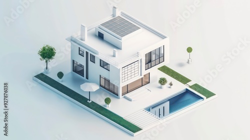 Modern home in a simple white isometric studio setup, highlighted by a floating calendar icon, showcasing an innovative approach to architecture and scheduling