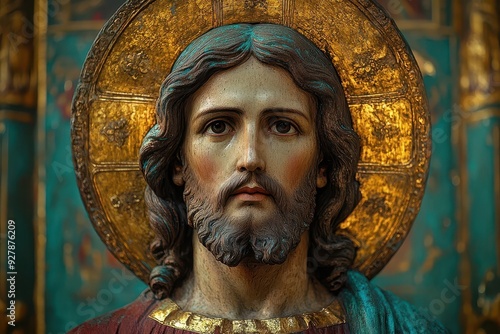 byzantinestyle icon of christ richly detailed gold leaf background solemn face with piercing eyes ornate halo deep red and blue robes aged patina symbolic hand gestures photo