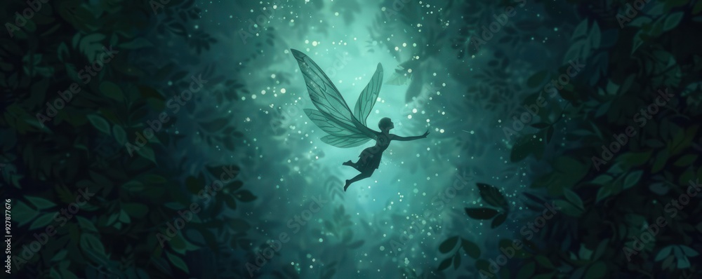 Obraz premium Ethereal fairy flying through a glowing, magical forest, fairy magic, enchanted journey