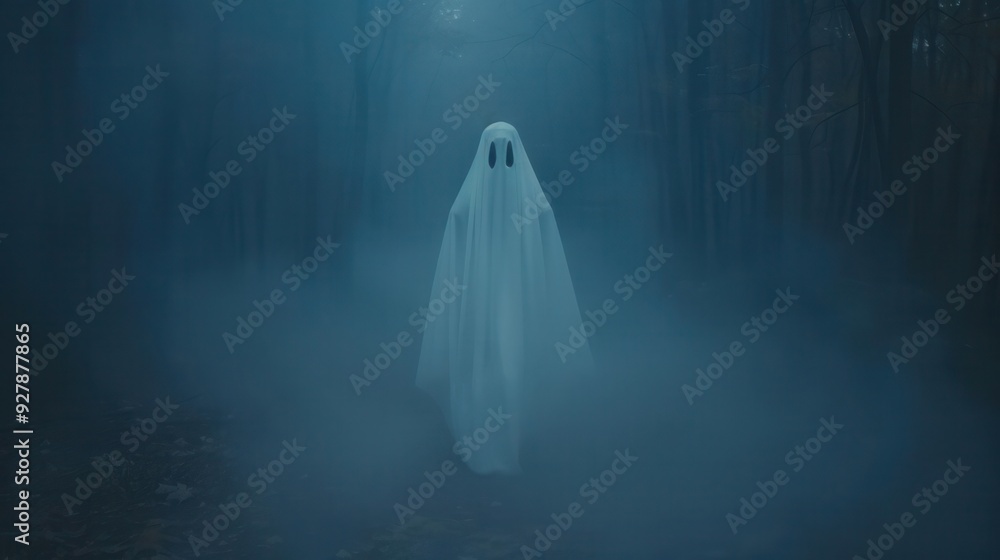 Ghostly apparition wandering through a misty, haunted forest, spectral wanderer, supernatural mystery Ghostly apparition wandering through a misty, haunted forest, spectral wanderer, supernatural mystery