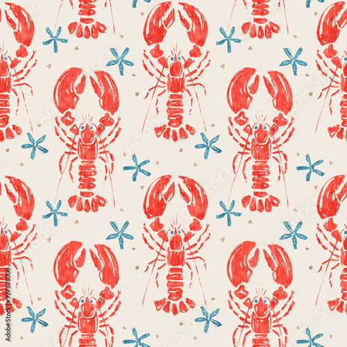 Vintage pattern of lobsters and stars. Seamless attern of vintage red lobsters and blue starfishes