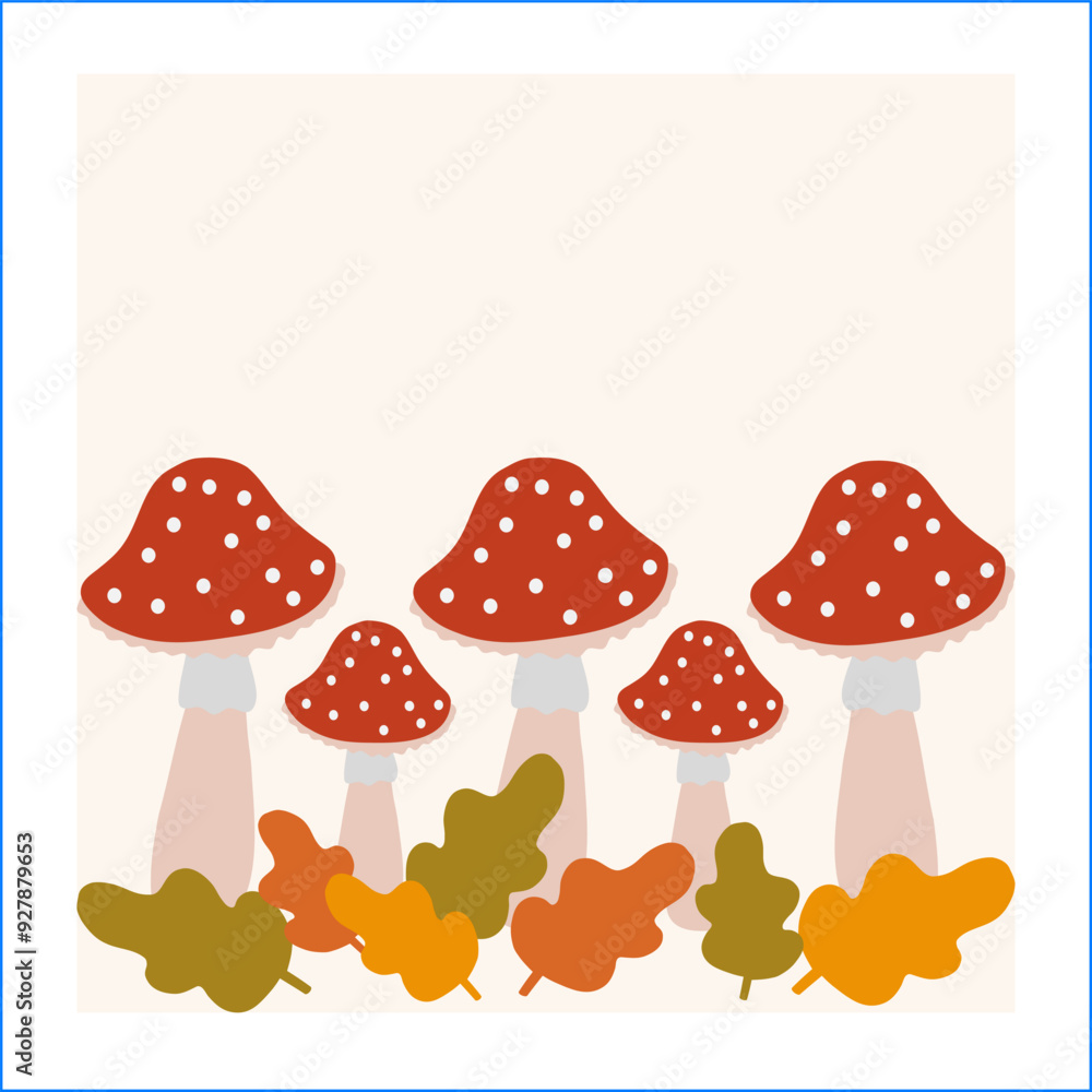Colorful red mushrooms with white spots and autumn leaves in a cozy setting Colorful red mushrooms with white spots and autumn leaves in a cozy setting