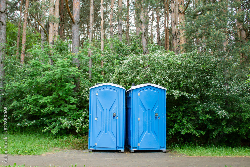Eco-friendly bio toilet in nature. WC near the forest - photo. Women's and men's blue toilet at the festival Eco-friendly bio toilet in nature. WC near the forest - photo. Women's and men's blue toilet at the festival