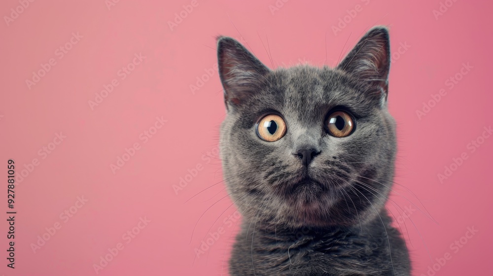 A surprised British Shorthaired cat portrait on a pink background A surprised British Shorthaired cat portrait on a pink background