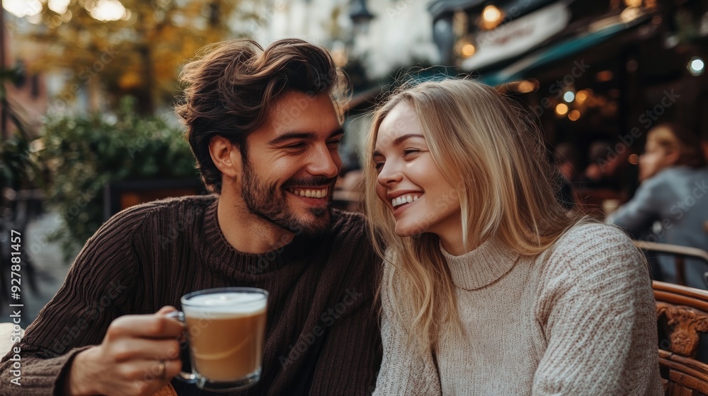 A man and a woman are sitting at a table in a cafe, smiling A man and a woman are sitting at a table in a cafe, smiling
