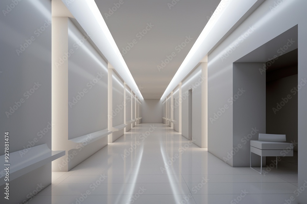 Fototapeta premium Sleek, illuminated corridor design with a minimalist style and reflective floor