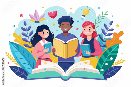 Children happily reading and sharing books together during leisure time