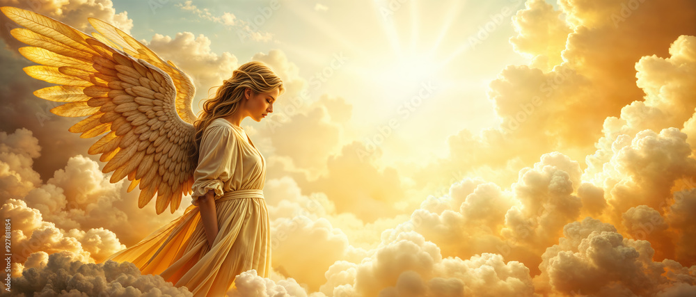 Angel high above on heavenly clouds in the presence of God, golden warm ...