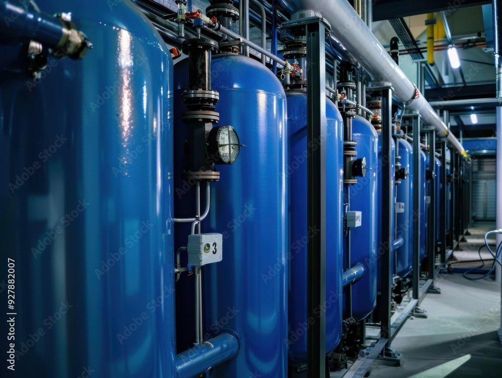 Blue pressure tanks line the industrial facility's corridor during the daytime Blue pressure tanks line the industrial facility's corridor during the daytime