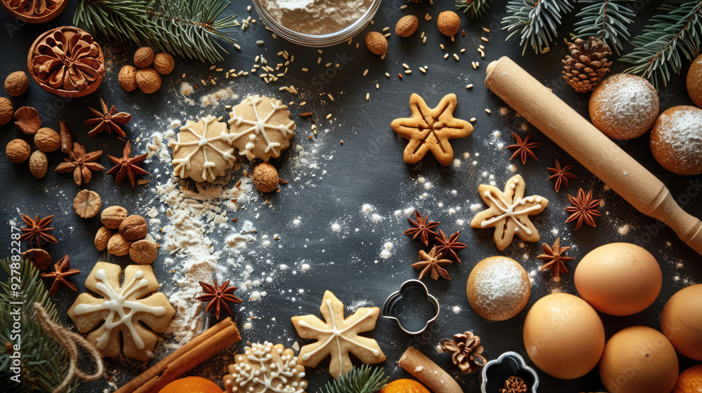 A flat lay of a baking scene, with dough, rolling pin, and cookie cutters on a floured surface A flat lay of a baking scene, with dough, rolling pin, and cookie cutters on a floured surface