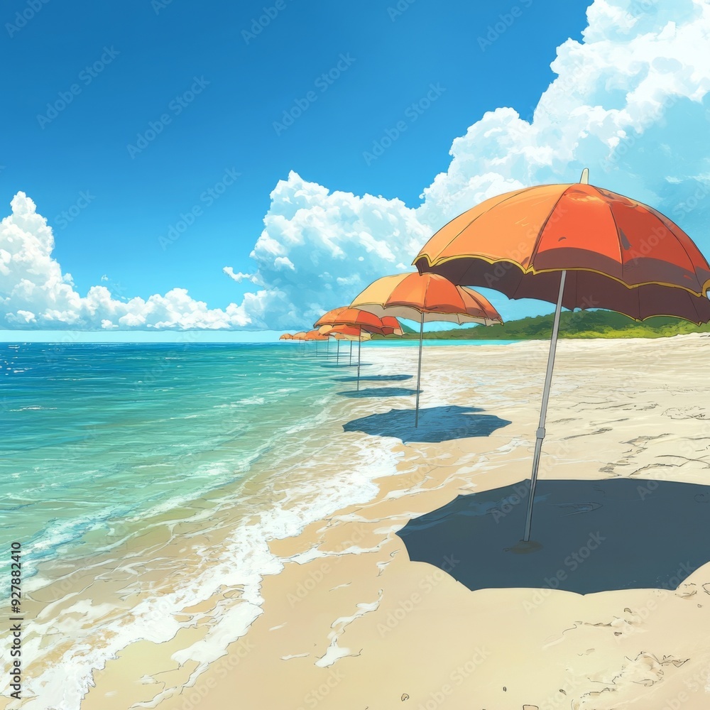 Enchanted anime-style Summer Beach: Tranquil Parasols and Gentle Waves Lapping the Shore, an Ideal Seaside Escape for Leisure and Travel Posters,Anime-Style,illustration,Picture BooksFor Poster,Novel, Enchanted anime-style Summer Beach: Tranquil Parasols and Gentle Waves Lapping the Shore, an Ideal Seaside Escape for Leisure and Travel Posters,Anime-Style,illustration,Picture BooksFor Poster,Novel,