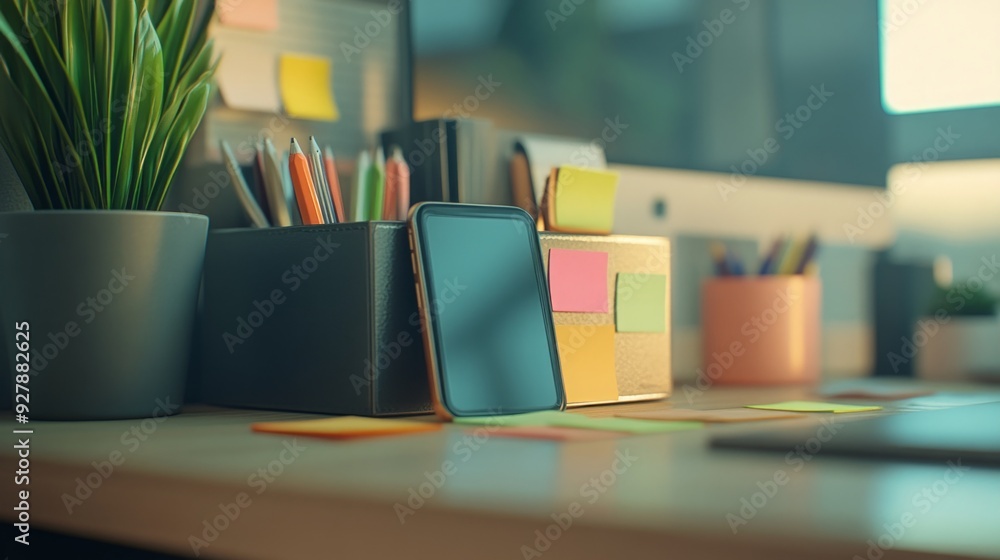 Organized Workspace with Desk Accessories and Smartphone Organized Workspace with Desk Accessories and Smartphone