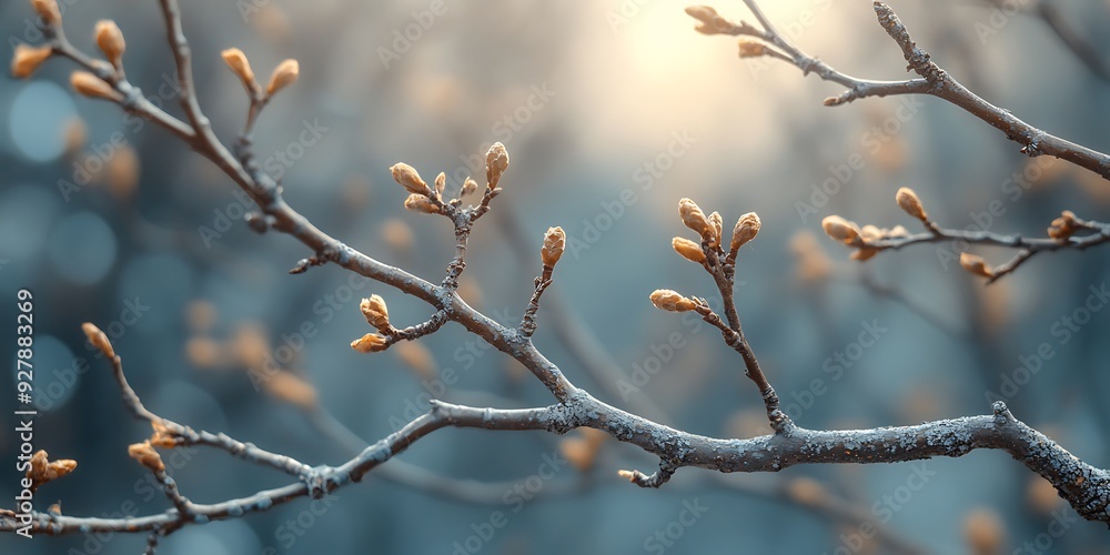 Tangled bare branches with buds in spring, natural light, large space for text Tangled bare branches with buds in spring, natural light, large space for text