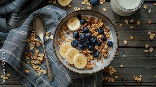 Fresh sliced banana fruit with milk ceareal in bowl on wooden table closeup view photo