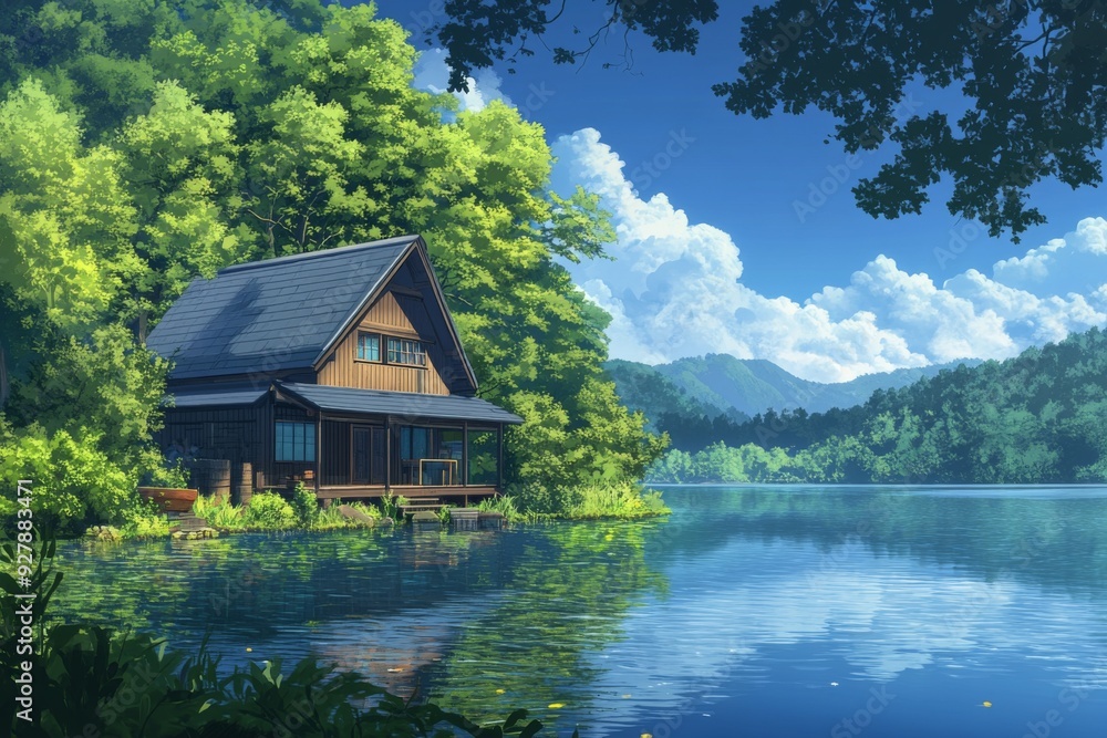 Fototapeta premium anime-style Enchanted Lakeside Cabin: A Tranquil Summer Retreat Amidst a Serene Mirror-Like Lake, Free from Tourist Clutter,Anime-Style,illustration,Picture BooksFor Poster,Novel,UI,WEB,Game,Design,Ab