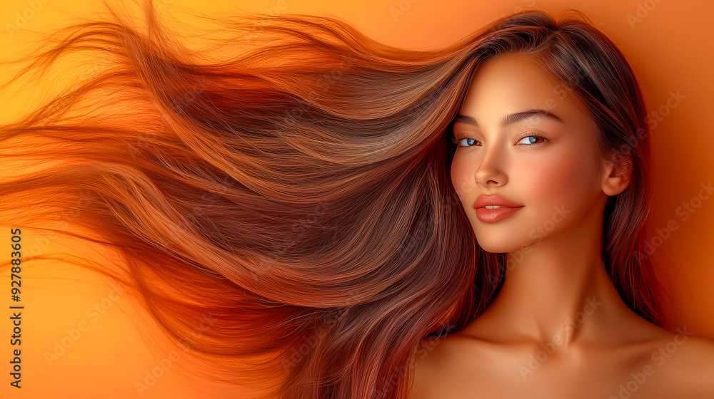 Naklejka premium Female hair care, girl with long shiny hair isolated in studio background
