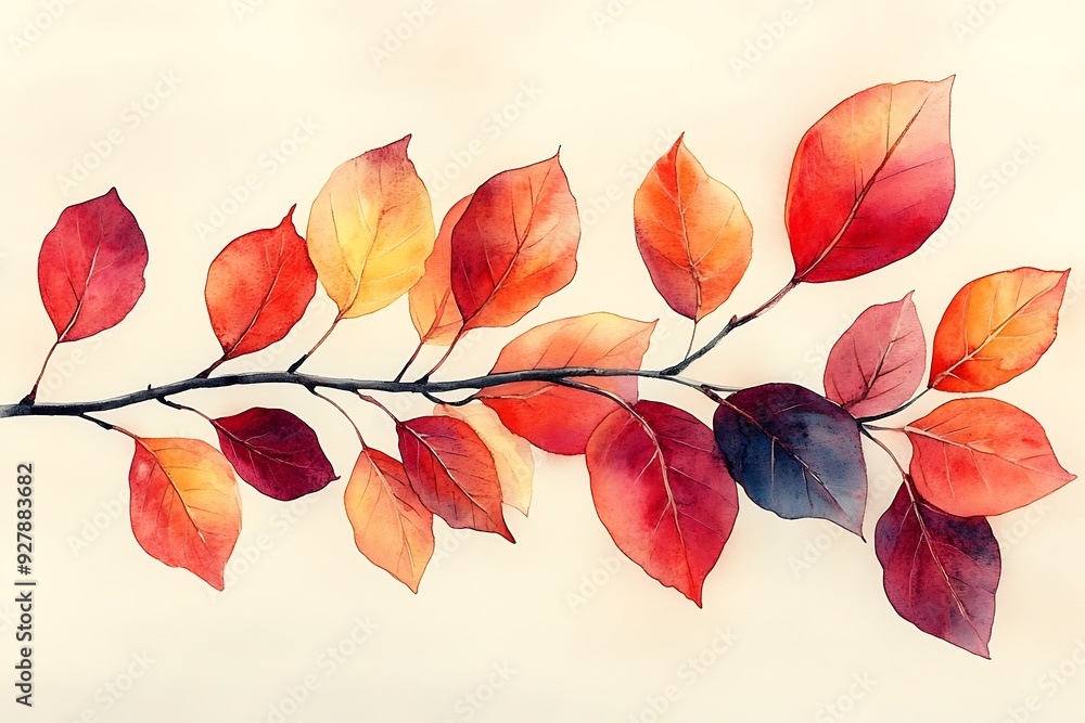 Watercolor twig with vibrant autumn leaves on a light background. Watercolor twig with vibrant autumn leaves on a light background.