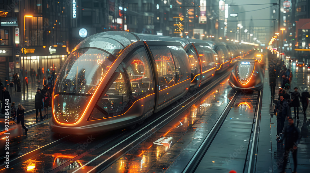 A futuristic public transport system with electric buses and trams, set in a clean, modern city A futuristic public transport system with electric buses and trams, set in a clean, modern city