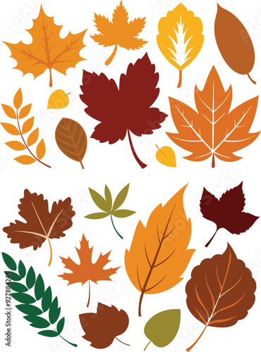 silhouette leaves set autumn on white background isolated, vector 