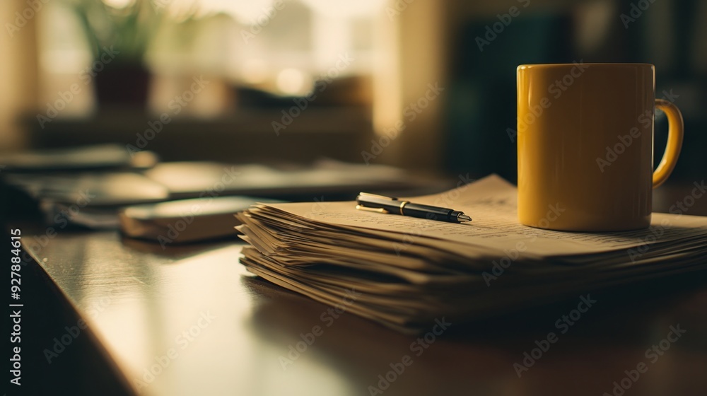 Minimalist Desk Setup with a Mug, Pen, and Stack of Papers Minimalist Desk Setup with a Mug, Pen, and Stack of Papers