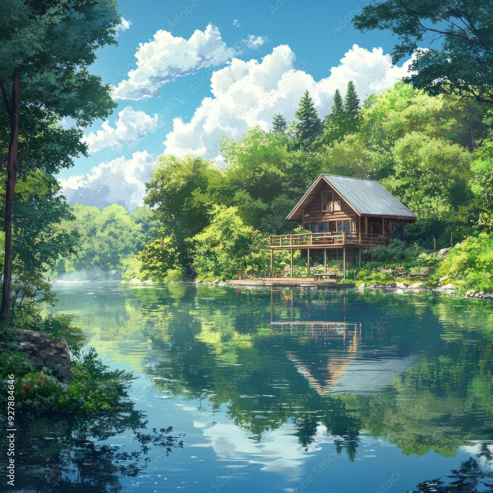 Obraz premium anime-style Enchanted Lakeside Cabin: A Tranquil Summer Retreat Amidst a Serene Mirror-Like Lake, Free from Tourist Clutter,Anime-Style,illustration,Picture BooksFor Poster,Novel,UI,WEB,Game,Design,Ab
