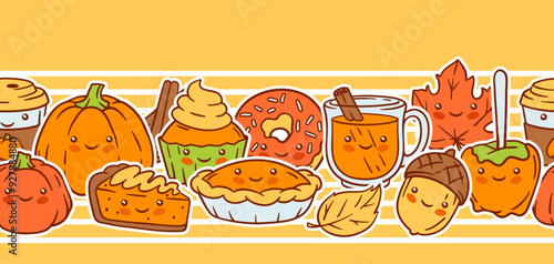 Autumn kawaii pattern. Happy Thanksgiving Day and Halloween traditional cute symbols.