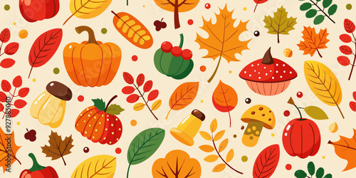 Autumn leaves, pumpkins, mushrooms, apples, cupcakes in seamless pattern