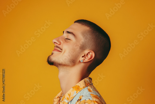 A close up of a man's face with his eyes closed