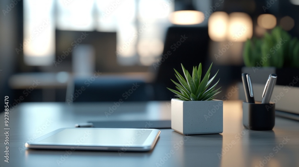 Minimalist Desk Setup with Plant, Tablet, and Pens Minimalist Desk Setup with Plant, Tablet, and Pens