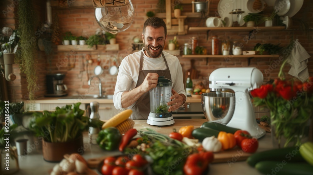 A male is making a healthy smoothie drink with a blender mixer in kitchen A male is making a healthy smoothie drink with a blender mixer in kitchen
