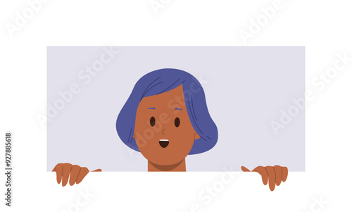 Amazed curious little preschool girl child cartoon character peeking out rectangle shape window