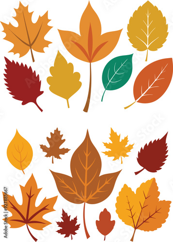 silhouette leaves set autumn on white background isolated, vector 