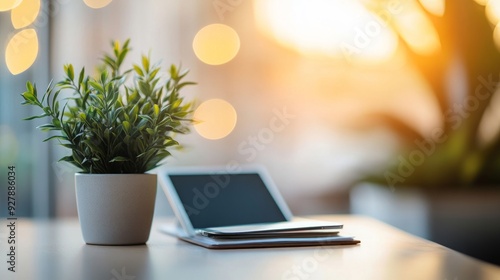 Minimalist Workspace with Tablet and Plant