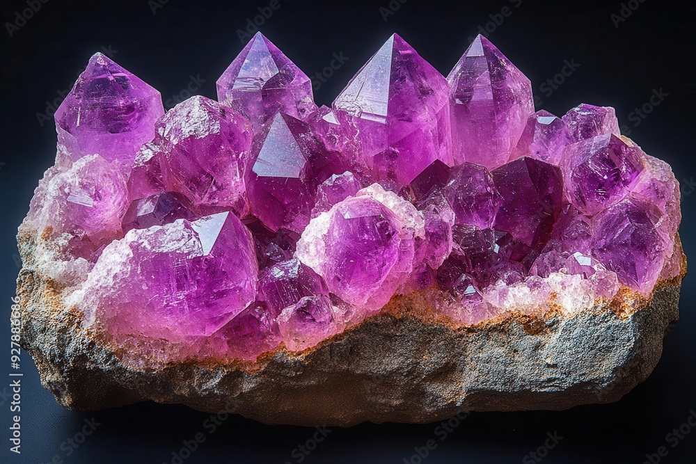 dazzling amethyst crystals emerge from rough stone facets catching light against dark backdrop showcasing natures geometric perfection dazzling amethyst crystals emerge from rough stone facets catching light against dark backdrop showcasing natures geometric perfection