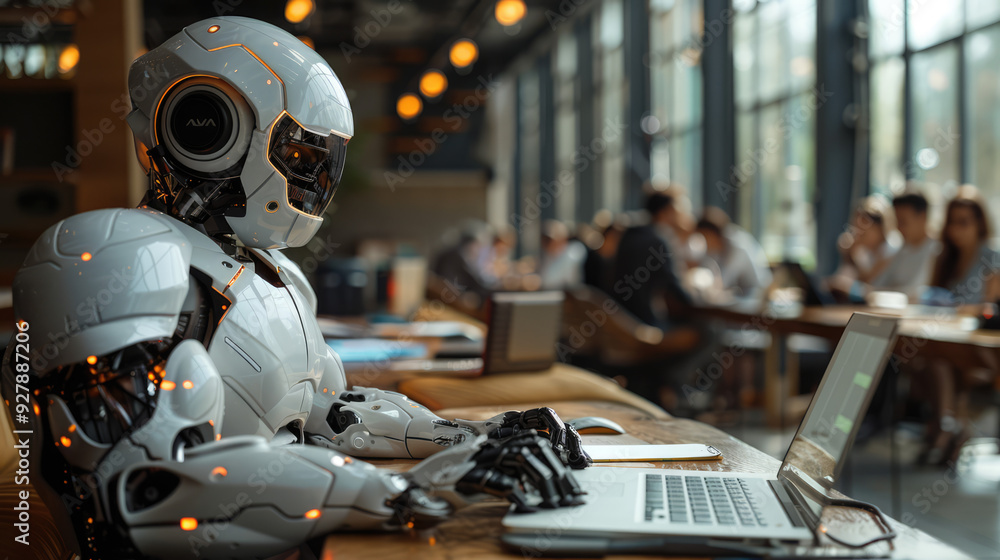 A futuristic robot interacting with humans in a high-tech environment, showcasing advanced AI capabilities A futuristic robot interacting with humans in a high-tech environment, showcasing advanced AI capabilities